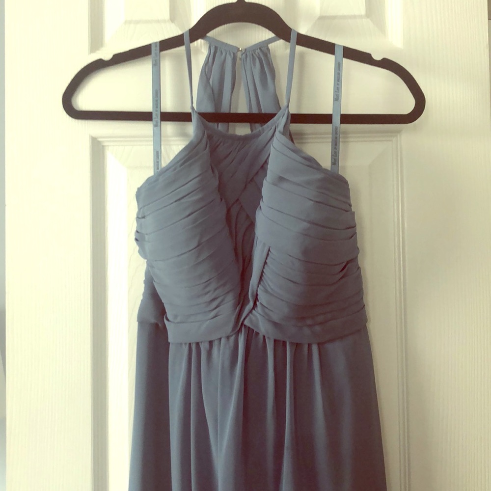 Morri Lee full length slate blue bridesmaid dress